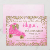 Roze en goudglitter Roller Schaats Girl's Birthday Kaart (Voorkant / Achterkant)