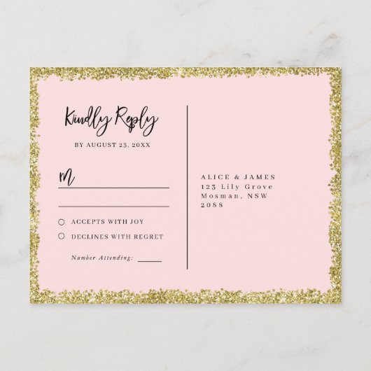 Roze en goudglitter RSVP-Briefkaart Uitnodiging Briefkaart (Achterkant)