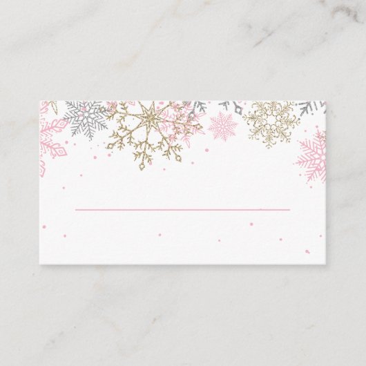 Roze en goudglitter Snowflake Place Cards Informatiekaartje (Voorkant)