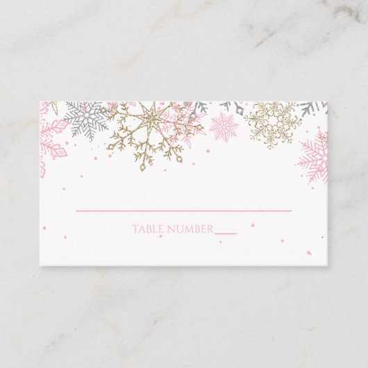 Roze en goudglitter Snowflake Place Cards Informatiekaartje (Voorkant)