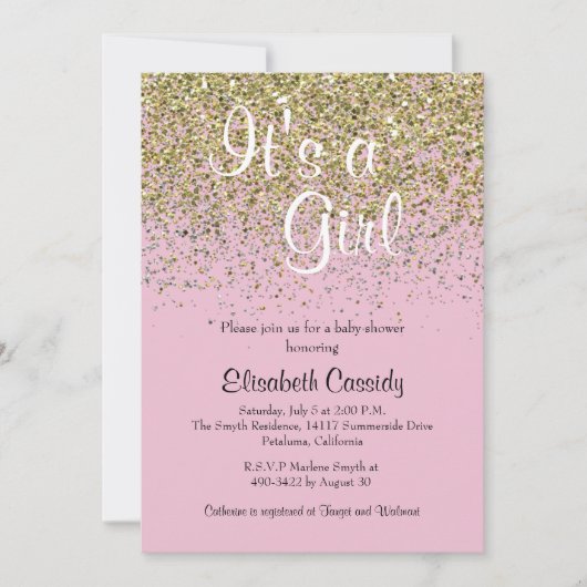 Roze en goudglitter Sprinkle Baby shower uitnodige Kaart (Voorkant)
