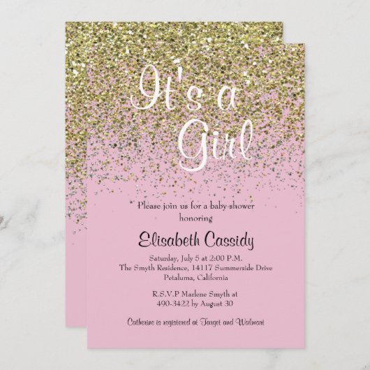 Roze en goudglitter Sprinkle Baby shower uitnodige Kaart (Voorkant / Achterkant)