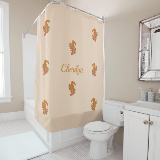  roze en goudglitter tropische touroperator douchegordijn (In situ)