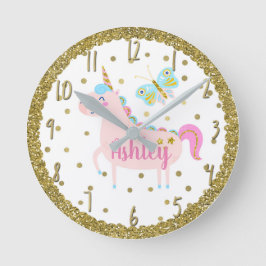 Roze en goudglitter Unicorn Girls Bedroom Nursery Ronde Klok