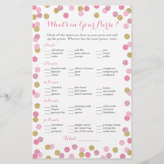 Roze en goudglitter Wat zit er in uw Purse Game (Voorkant)