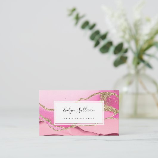 roze en goudglitteraglaat visitekaartje (Staand voorkant)