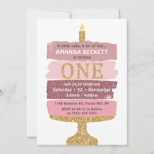 Roze en goudglitterCake 1e verjaardag Uitnodiginge Kaart (Voorkant)