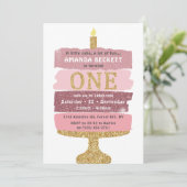 Roze en goudglitterCake 1e verjaardag Uitnodiginge Kaart (Staand voorkant)