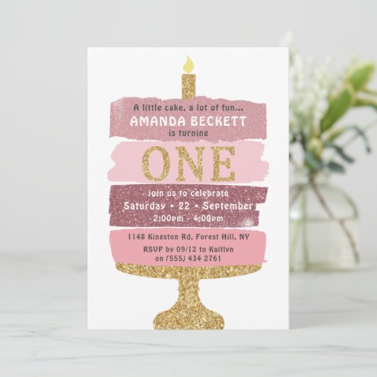 Roze en goudglitterCake 1e verjaardag Uitnodiginge Kaart (Staand voorkant)