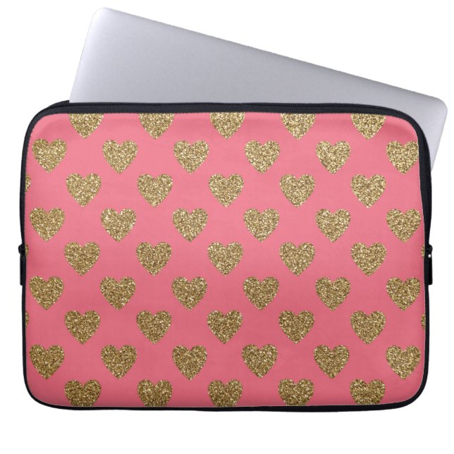 Roze en goudglitterharten laptop sleeve (Voorkant)