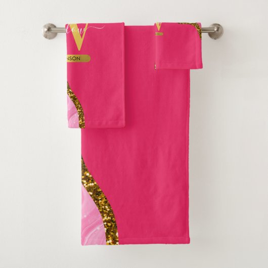 Roze en goudgrijs Glitter Monogram Bad Handdoek (Insitu)