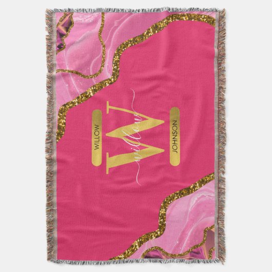 Roze en goudgrijs Glitter Monogram Deken (Voorkant Verticaal)