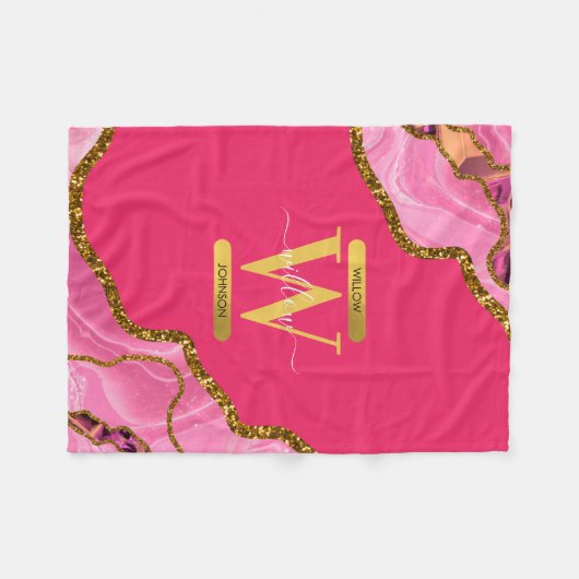 Roze en goudgrijs Glitter Monogram Fleece Deken (Voorkant (Horizontaal))