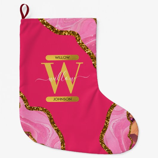 Roze en goudgrijs Glitter Monogram Grote Kerstsok (Voorkant)