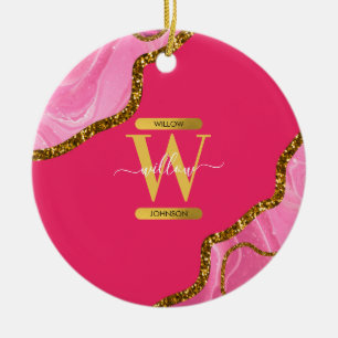 Roze en goudgrijs Glitter Monogram Keramisch Ornament