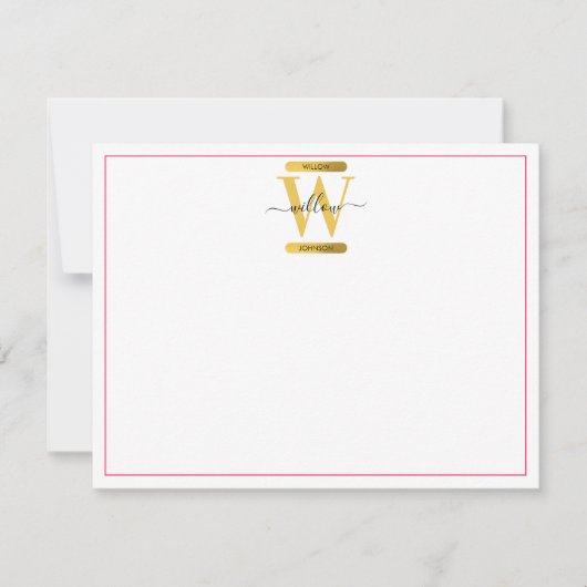 Roze en goudgrijs Glitter Monogram Notitiekaartje (Voorkant)
