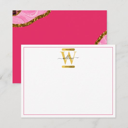 Roze en goudgrijs Glitter Monogram Notitiekaartje (Voorkant / Achterkant)