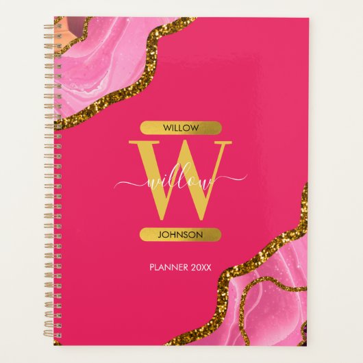 Roze en goudgrijs Glitter Monogram Planner (Voorkant)