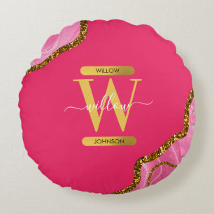 Roze en goudgrijs Glitter Monogram Rond Kussen