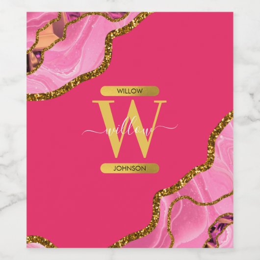 Roze en goudgrijs Glitter Monogram Wijn Etiket (Enkel label)