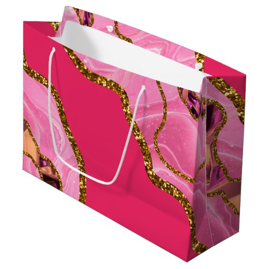 Roze en goudgrijze geode glitter groot cadeauzakje (Voorkant Gekanteld)