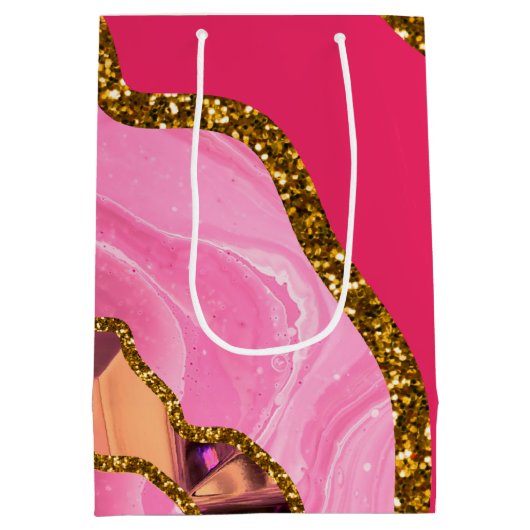 Roze en goudgrijze geode glitter medium cadeauzakje (Achterkant)