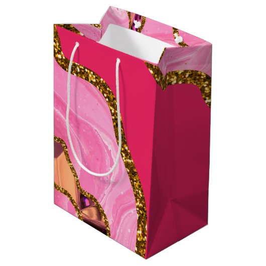 Roze en goudgrijze geode glitter medium cadeauzakje (Achterkant Gekanteld)