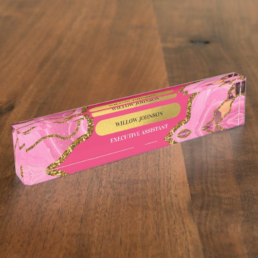 Roze en goudgrijze geode glitter naambordje (Zijkant)