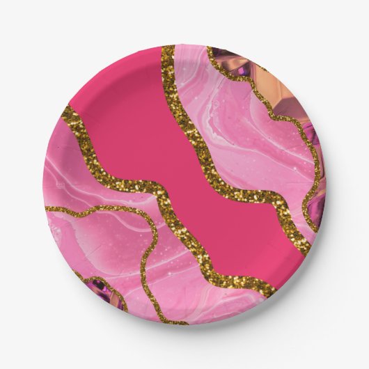 Roze en goudgrijze geode glitter papieren bordje (Voorkant)