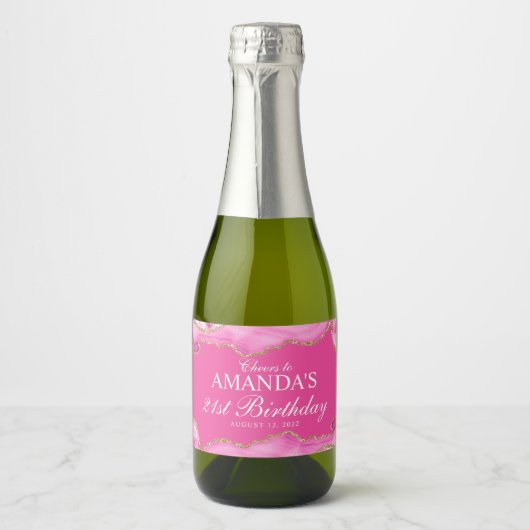 Roze en goudgrijze marmer sparkling wijnetiket (Voorkant)
