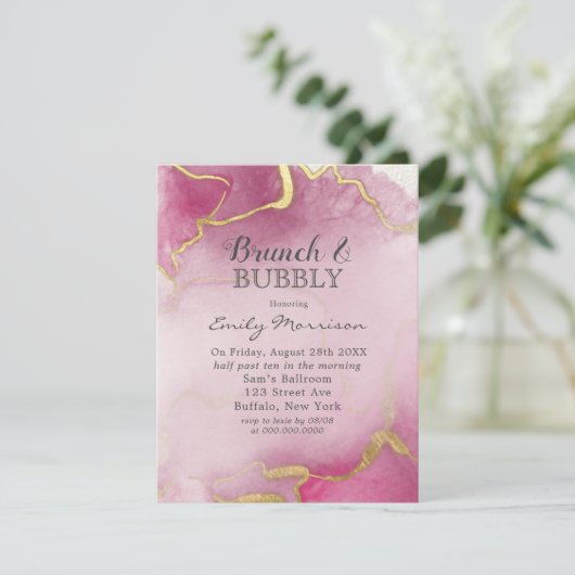 Roze en goudgrijze Waterverf Brunch en Bubble Inv Kaart (Staand voorkant)
