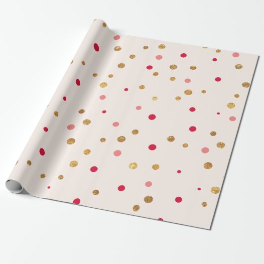 Roze en goudgrote polka dots, verpakkingspapier cadeaupapier (Uitgerold)