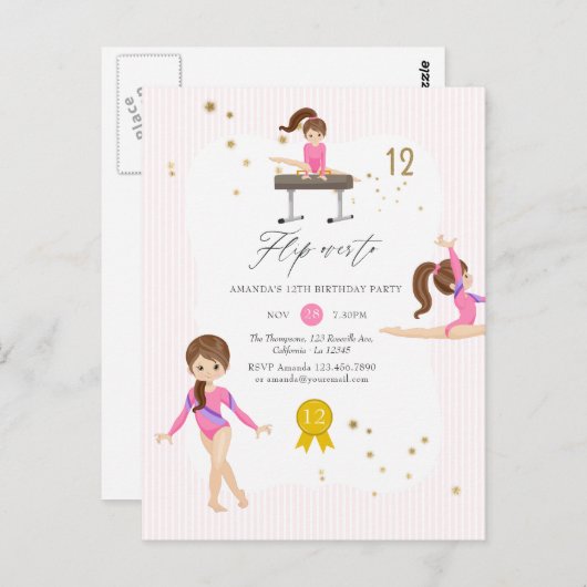 Roze en goudgymnastiek 12e verjaardag briefkaart (Voorkant / Achterkant)