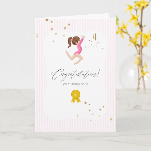 Roze en goudgymnastiek 4e verjaardag kaart (Gele Bloem)