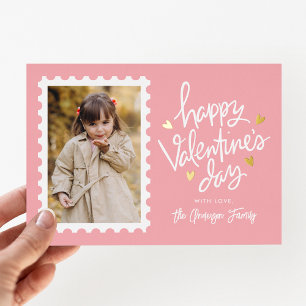 Roze en goudhartslag Stempel Foto Valentijnsdag Folie Feestdagenkaart