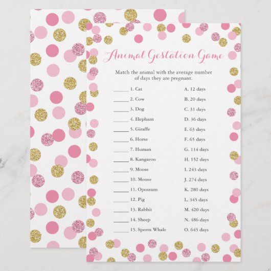 Roze en goudhoudend Baby shower Dierbeestspel (Voorkant / Achterkant)