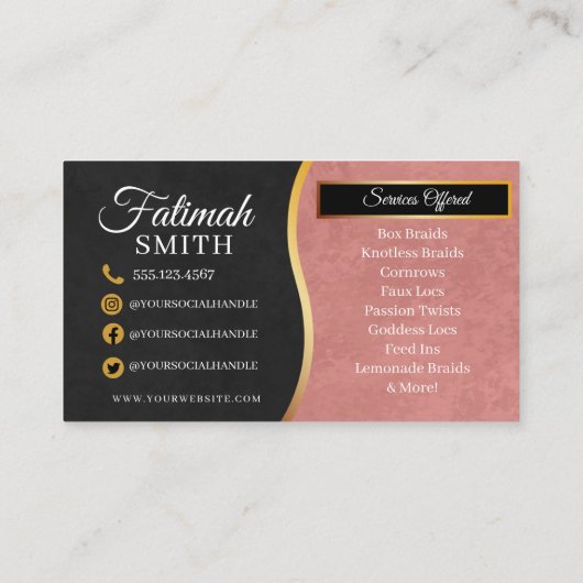 Roze en goudhoudend haarbreisalon visitekaartje (Achterkant)