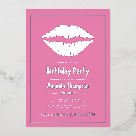 Roze en goudhoudende Kiss Lips Folie Uitnodiging (Voorkant)