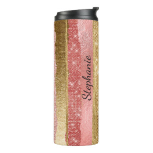 Roze en goudhoudende stripes thermische trommel thermosbeker