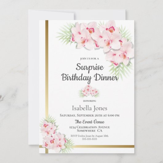 Roze en goudhoudende verrassingen: avondeten kaart (Voorkant)