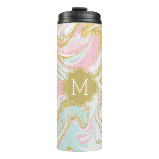 Roze en goudinktmarmer thermosbeker (Voorkant)