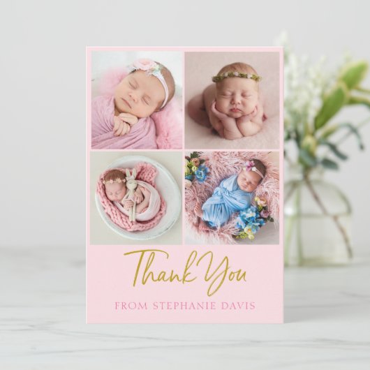 Roze en goudkleurig baby, bedankt voor de fotocoll kaart (Staand voorkant)