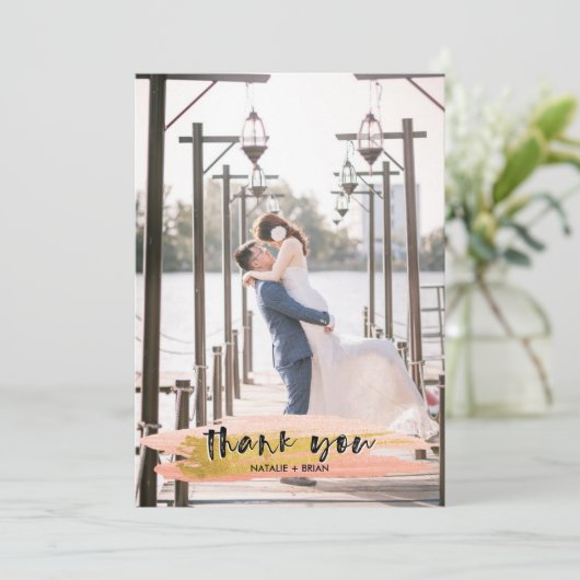 Roze en goudkleurig geborsteld Dank u wel 2 fotoka Bedankkaart (Staand voorkant)