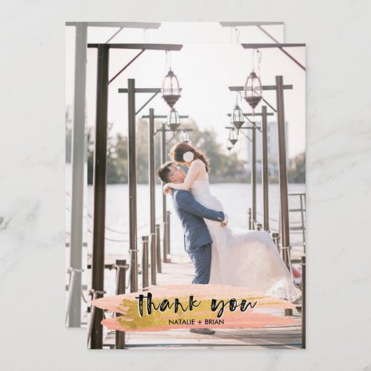 Roze en goudkleurig geborsteld Dank u wel 2 fotoka Bedankkaart (Voorkant / Achterkant)