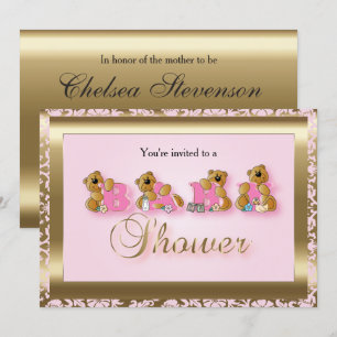 Roze en goudkleurig met Teddy Bears BABY SHOWER Kaart