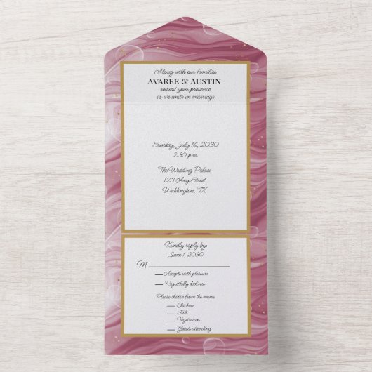 Roze en goudkleurig patroon all in one uitnodiging (Binnen)