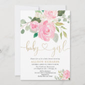 Roze en goudkleurig roos baby shower kaart (Voorkant)