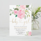 Roze en goudkleurig roos baby shower kaart (Staand voorkant)