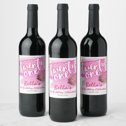 Roze en goudkleurige 21ste Birthday Wine Labels Wijn Etiket (Flessen)