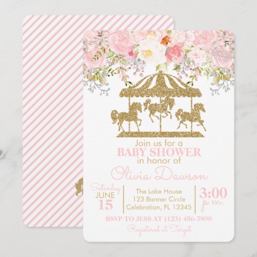 Roze en goudkleurige Baby shower van Carousel Girl Kaart (Voorkant / Achterkant)